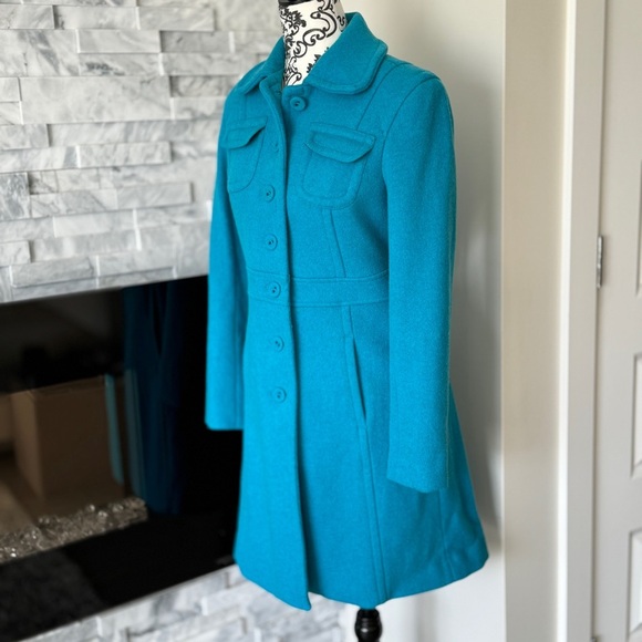 Gap Long Button Up Coat Peacock Turquoise Blue S - Picture 2 of 7